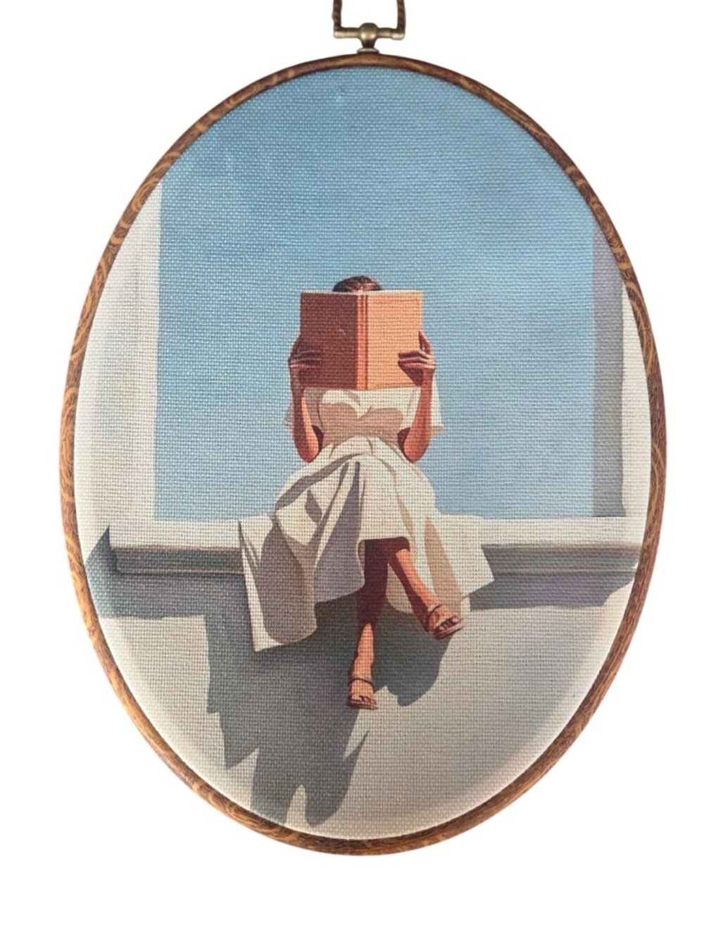 Oval Wall Art With Wooden Frame & Woman Reading Illustration